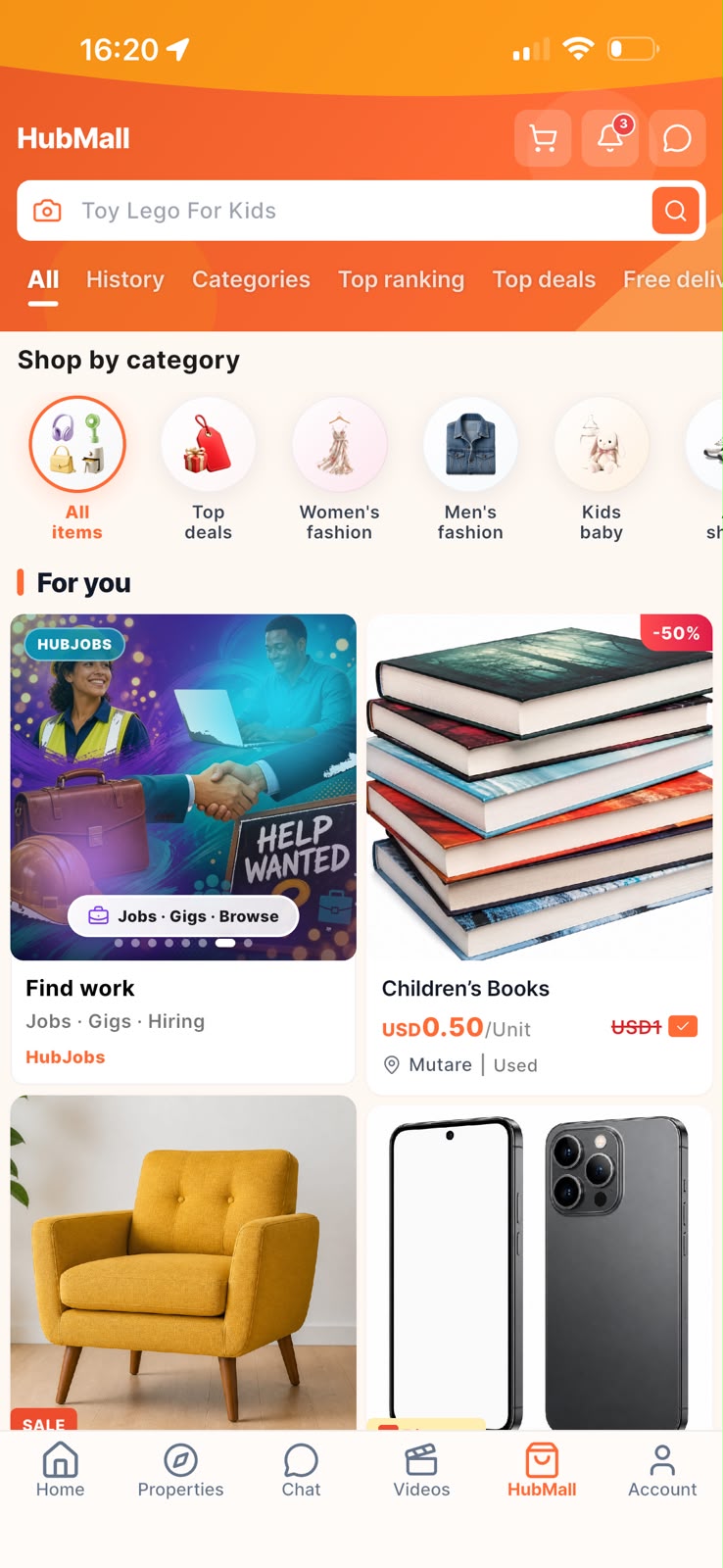 HubMall shopping with categories and the For you feed