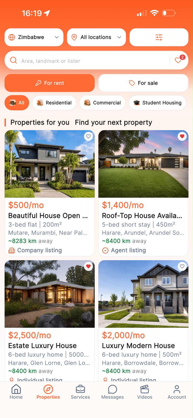 RentHub Properties feed with rentals across Zimbabwe