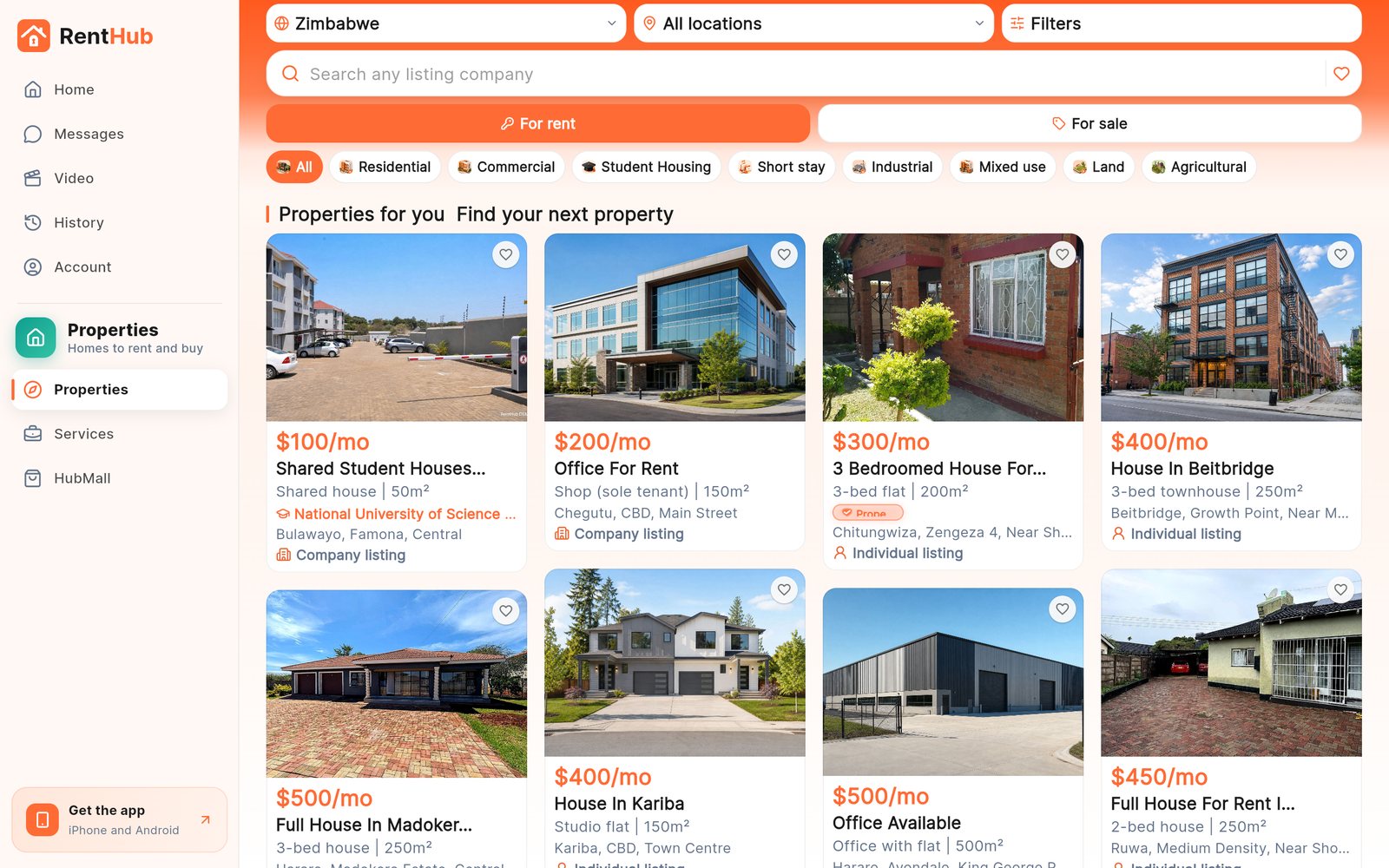 RentHub for desktop: property listings in a grid with the sidebar on the left
