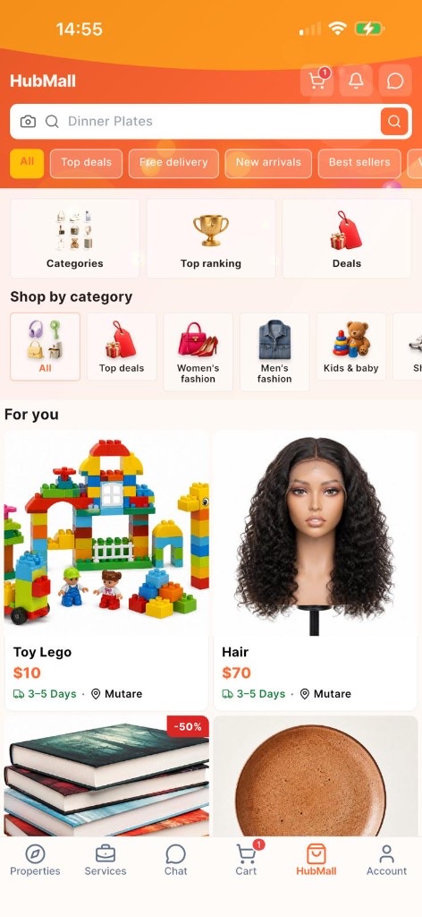 HubMall shopping feed with categories and deals