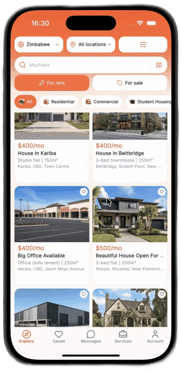 RentHub Explore — homes for rent across Zimbabwe