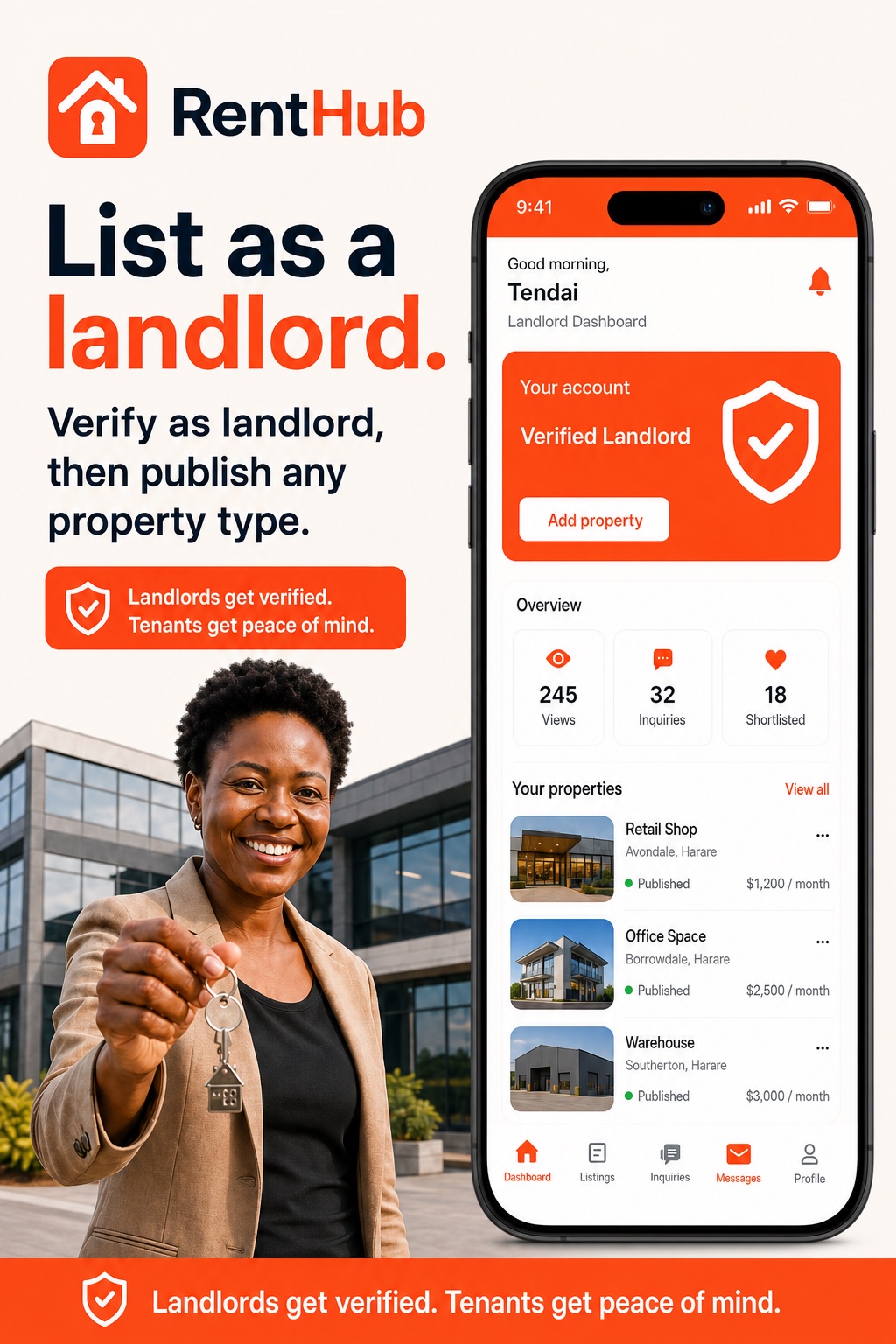 RentHub landlord tools on a phone